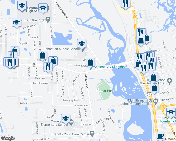 map of restaurants, bars, coffee shops, grocery stores, and more near 214 Florida 16 in St. Augustine
