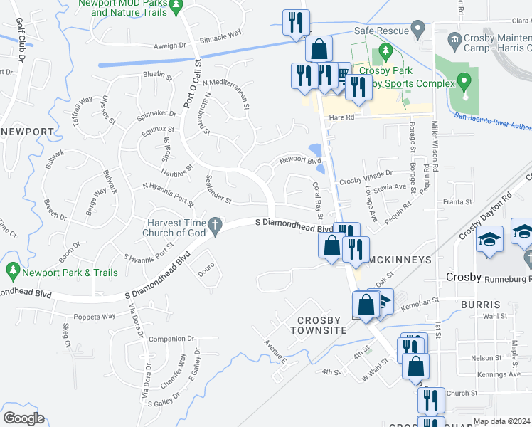 map of restaurants, bars, coffee shops, grocery stores, and more near 302 South Diamondhead Boulevard in Crosby