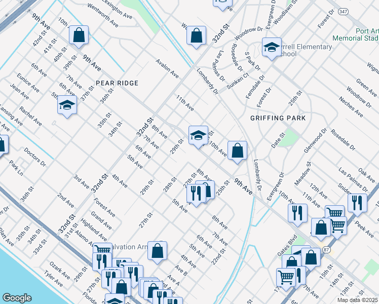 map of restaurants, bars, coffee shops, grocery stores, and more near 2849 9th Avenue in Port Arthur