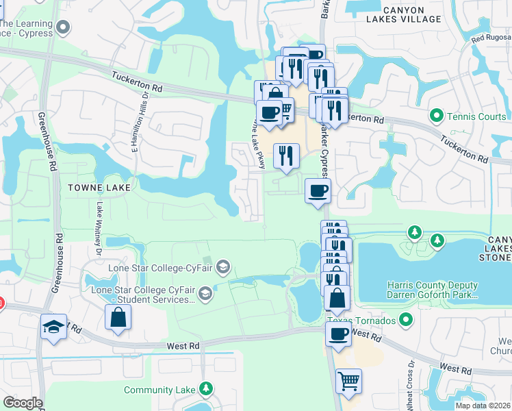 map of restaurants, bars, coffee shops, grocery stores, and more near 9402 Buttonbrush Court in Cypress