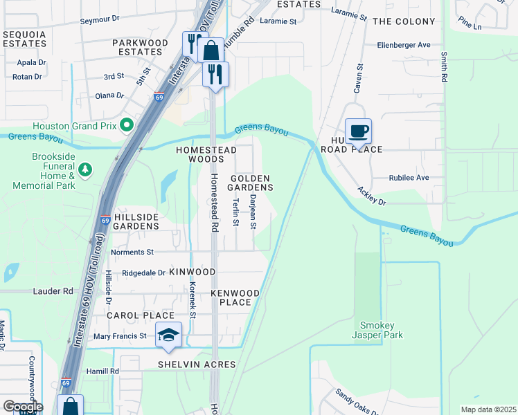 map of restaurants, bars, coffee shops, grocery stores, and more near 13625 Darjean Street in Houston