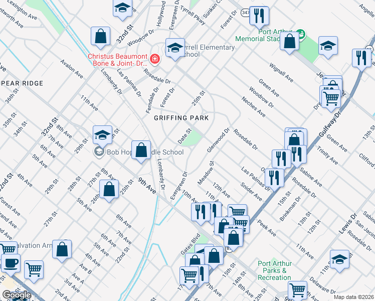 map of restaurants, bars, coffee shops, grocery stores, and more near 3901 Forest Drive in Port Arthur
