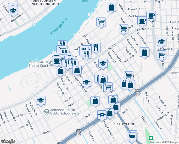 map of restaurants, bars, coffee shops, grocery stores, and more near 510 Lafayette Street in Gretna
