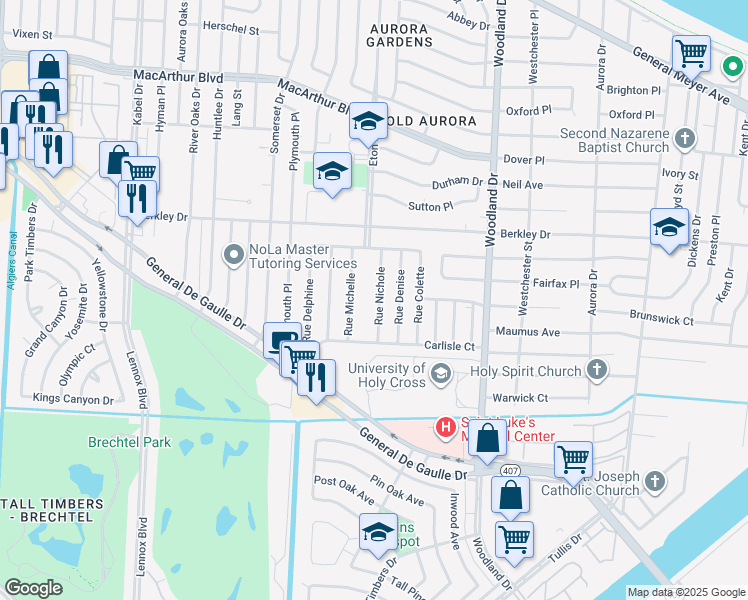 map of restaurants, bars, coffee shops, grocery stores, and more near 3600 Rue Michelle in New Orleans