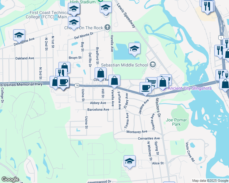 map of restaurants, bars, coffee shops, grocery stores, and more near 301 Florida 16 in St. Augustine