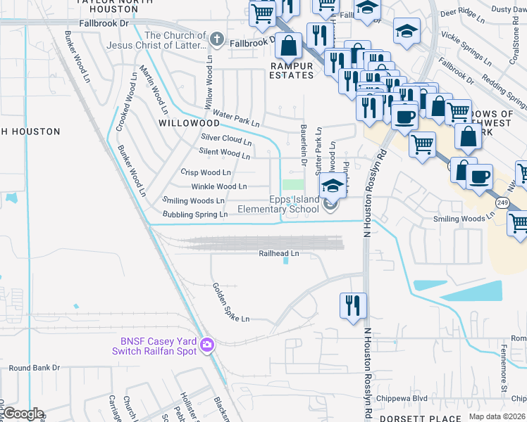 map of restaurants, bars, coffee shops, grocery stores, and more near 7506 Smiling Woods Lane in Houston