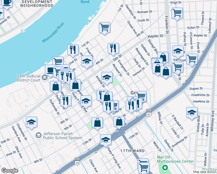 map of restaurants, bars, coffee shops, grocery stores, and more near 701 Amelia Street in Gretna