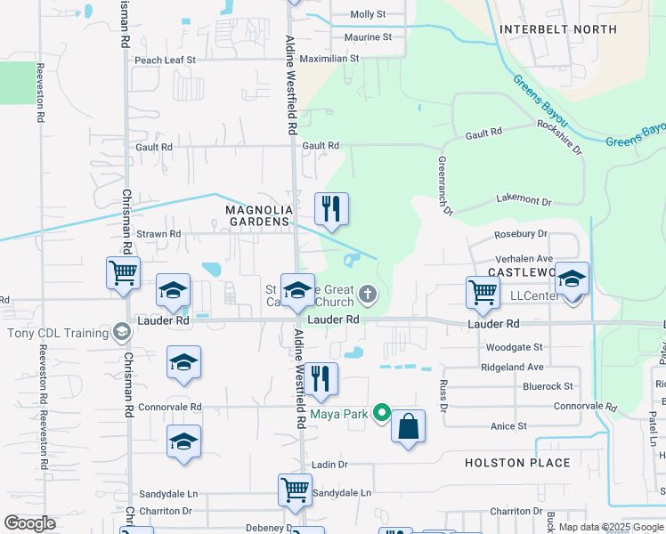 map of restaurants, bars, coffee shops, grocery stores, and more near 13822 Aldine Westfield Road in Houston