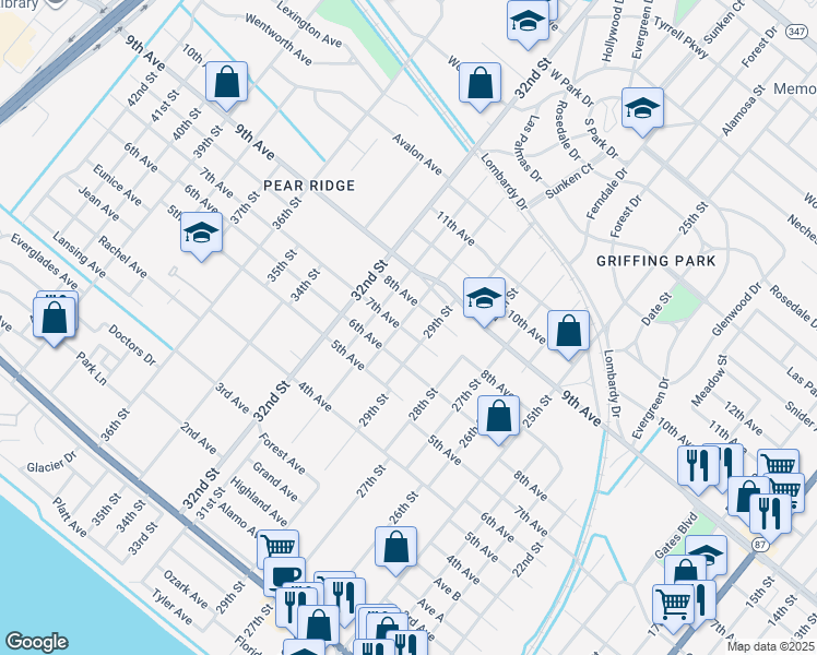 map of restaurants, bars, coffee shops, grocery stores, and more near 3500 30th Street in Port Arthur