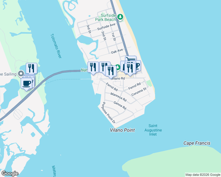 map of restaurants, bars, coffee shops, grocery stores, and more near 140 Ferrol Road in St. Augustine