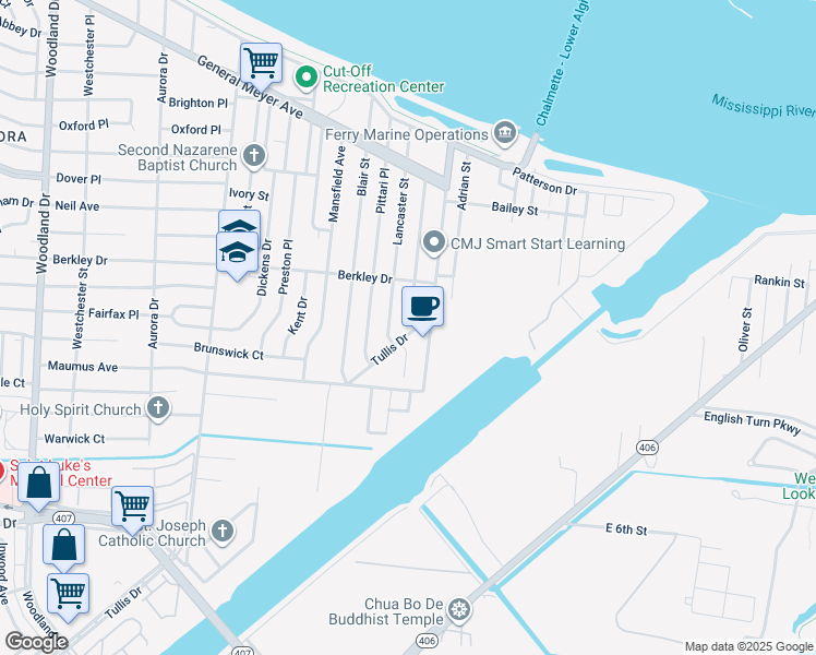 map of restaurants, bars, coffee shops, grocery stores, and more near 3608 Lancaster Street in New Orleans