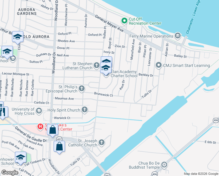 map of restaurants, bars, coffee shops, grocery stores, and more near 3660 Dickens Drive in New Orleans