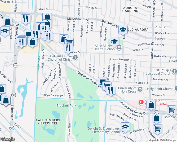 map of restaurants, bars, coffee shops, grocery stores, and more near 3720 Huntlee Drive in New Orleans