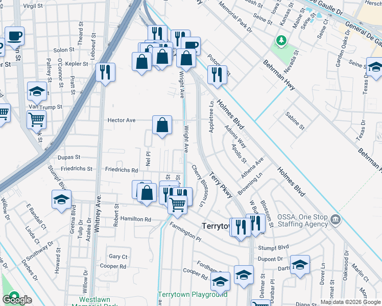 map of restaurants, bars, coffee shops, grocery stores, and more near 230 Terry Parkway in Terrytown