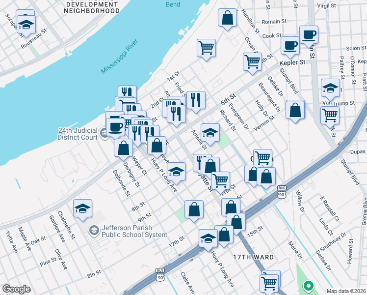 map of restaurants, bars, coffee shops, grocery stores, and more near 510 Lafayette Street in Gretna