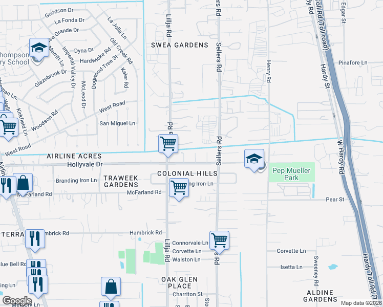 map of restaurants, bars, coffee shops, grocery stores, and more near 14818 Sunwick Street in Houston