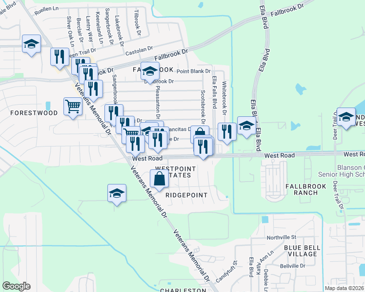 map of restaurants, bars, coffee shops, grocery stores, and more near 1007 Fruitvale Drive in Houston
