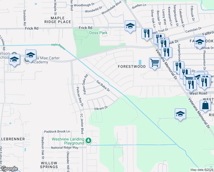 map of restaurants, bars, coffee shops, grocery stores, and more near 12702 Sai Baba Drive in Houston