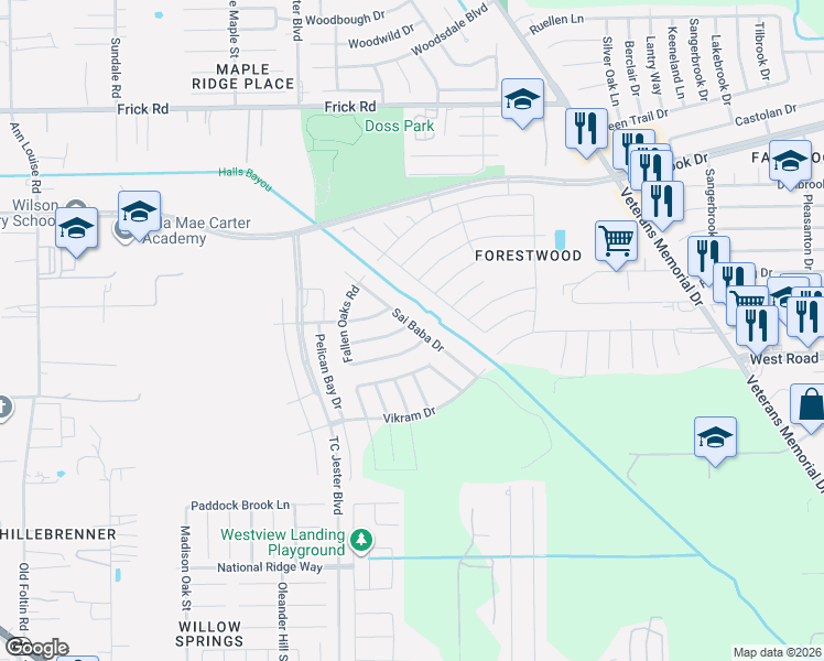 map of restaurants, bars, coffee shops, grocery stores, and more near 2603 Dylans Crossing Drive in Houston