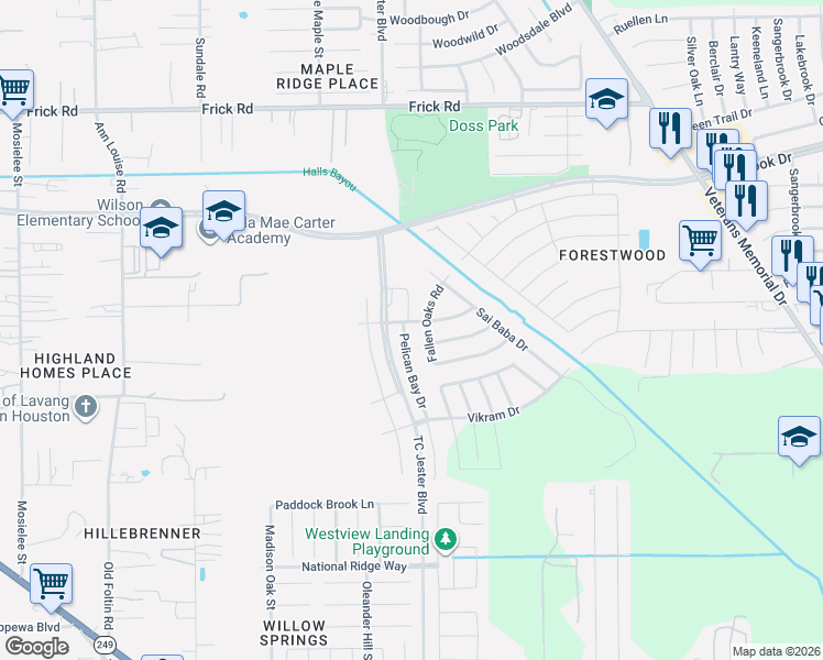 map of restaurants, bars, coffee shops, grocery stores, and more near 12743 Pelican Bay Drive in Houston