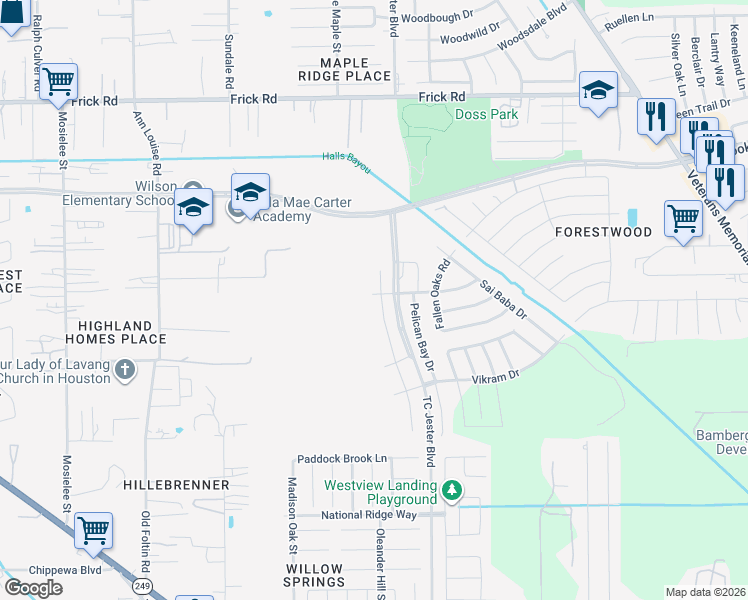map of restaurants, bars, coffee shops, grocery stores, and more near 12826 Landon Light Lane in Houston