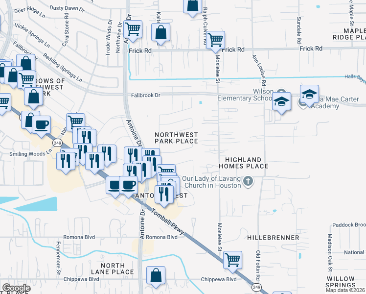 map of restaurants, bars, coffee shops, grocery stores, and more near 5931 Cascadera Drive in Houston