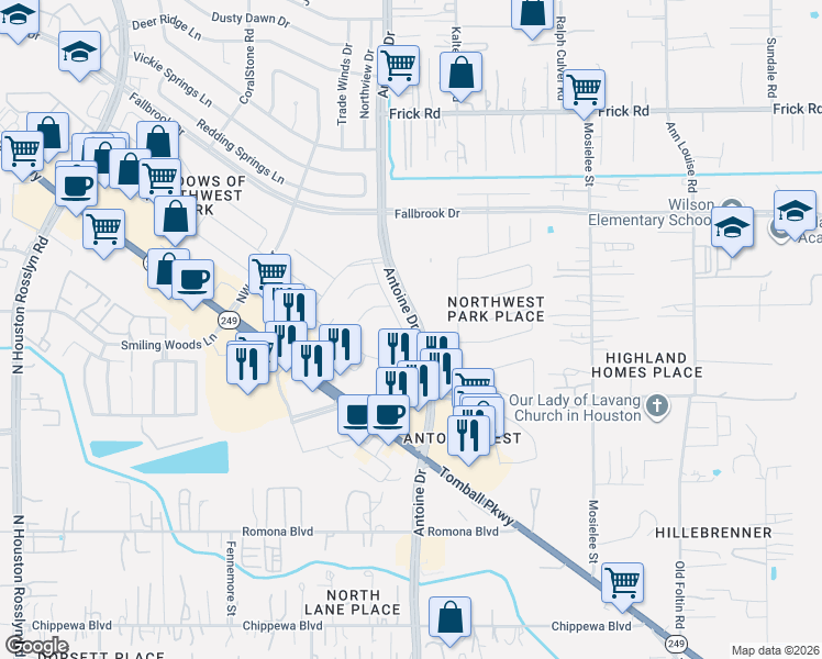 map of restaurants, bars, coffee shops, grocery stores, and more near 9754 Phil Halstead Drive in Houston