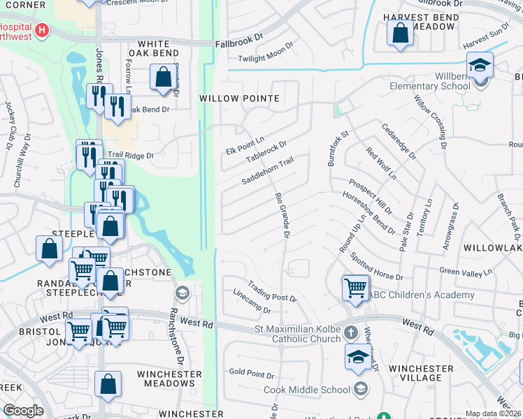 map of restaurants, bars, coffee shops, grocery stores, and more near 10515 Wayward Wind Lane in Houston