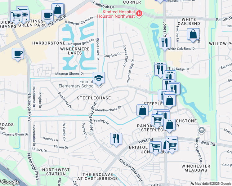 map of restaurants, bars, coffee shops, grocery stores, and more near 11502 Yorkshire Oaks Drive in Houston