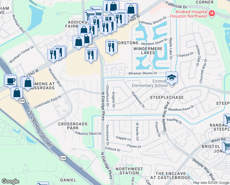 map of restaurants, bars, coffee shops, grocery stores, and more near 9814 Chiselhurst Drive in Houston
