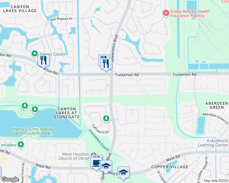 map of restaurants, bars, coffee shops, grocery stores, and more near 9626 Pine Bank Drive in Houston