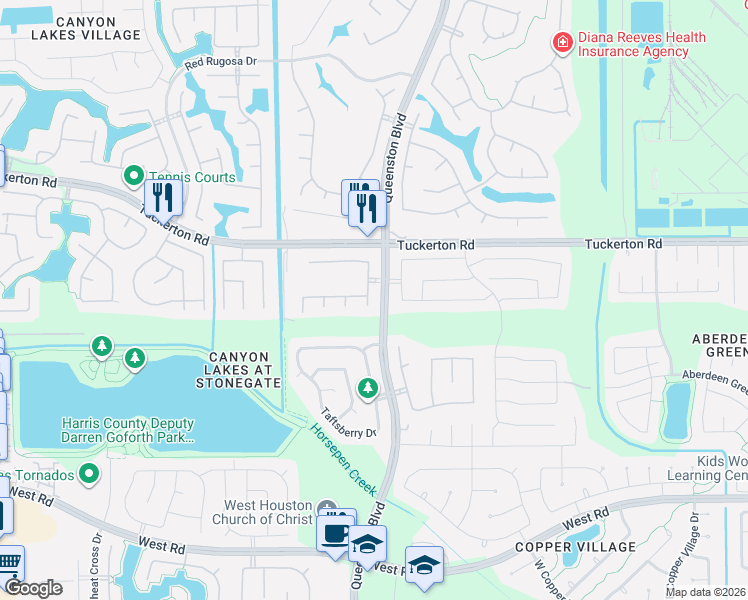 map of restaurants, bars, coffee shops, grocery stores, and more near 9626 Pine Bank Drive in Houston