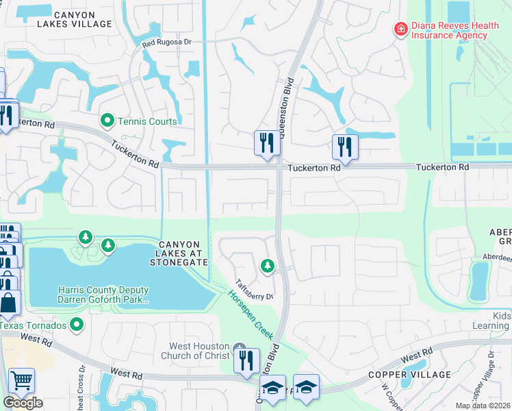 map of restaurants, bars, coffee shops, grocery stores, and more near 16914 Harmony Springs Drive in Houston