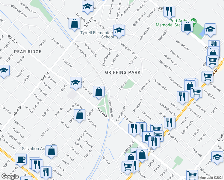 map of restaurants, bars, coffee shops, grocery stores, and more near 4000 Griffing Drive in Port Arthur