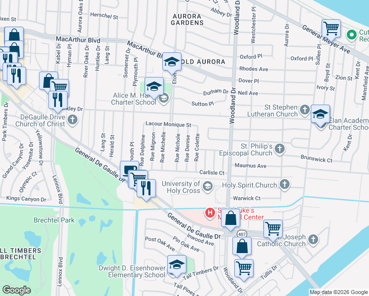 map of restaurants, bars, coffee shops, grocery stores, and more near 3561 Rue Denise in New Orleans