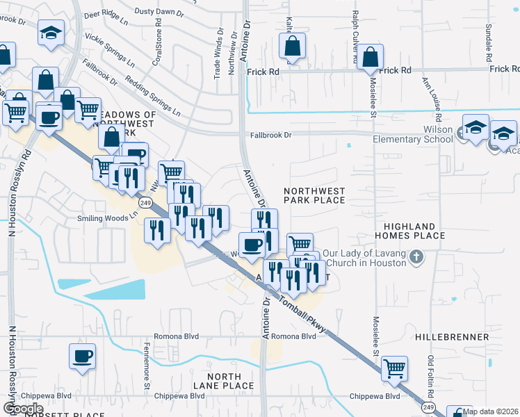 map of restaurants, bars, coffee shops, grocery stores, and more near 9754 Phil Halstead Drive in Houston