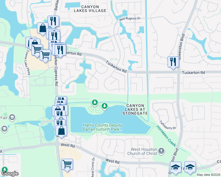 map of restaurants, bars, coffee shops, grocery stores, and more near 9610 Red Rugossa Drive in Houston