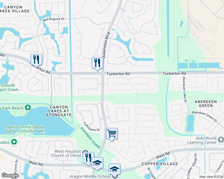 map of restaurants, bars, coffee shops, grocery stores, and more near 9623 Gorman Brook Drive in Houston