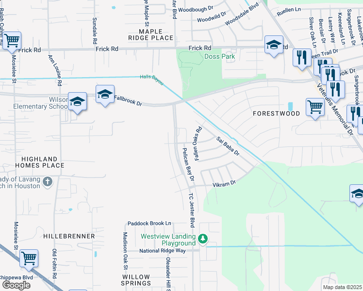 map of restaurants, bars, coffee shops, grocery stores, and more near 12743 Pelican Bay Drive in Houston