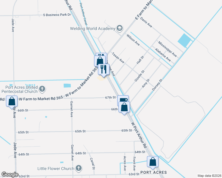 map of restaurants, bars, coffee shops, grocery stores, and more near 6751-6757 West Port Arthur Road in Port Arthur