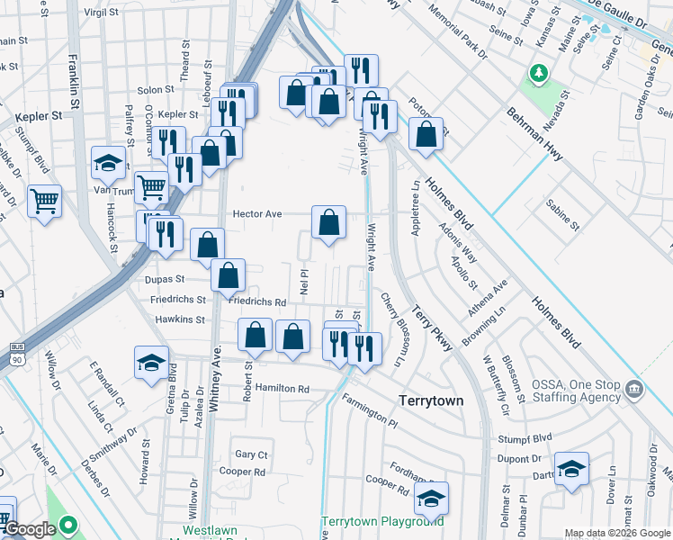 map of restaurants, bars, coffee shops, grocery stores, and more near 242 Villemar Place in Terrytown