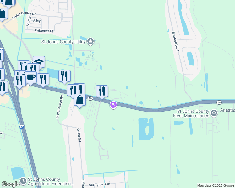 map of restaurants, bars, coffee shops, grocery stores, and more near 2020 Florida 16 in St. Augustine