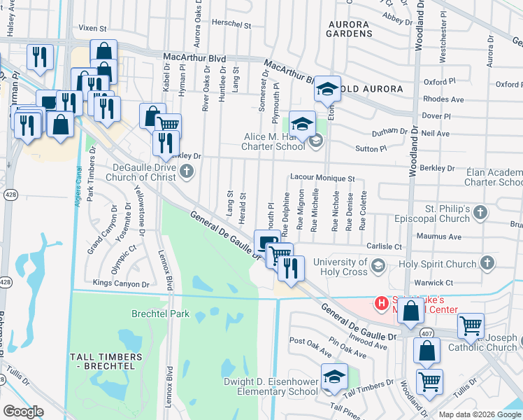 map of restaurants, bars, coffee shops, grocery stores, and more near 3621 Plymouth Place in New Orleans
