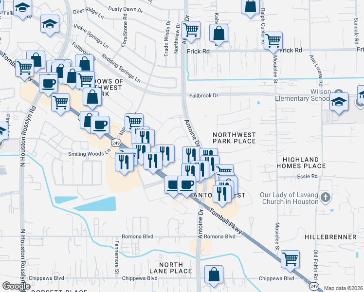 map of restaurants, bars, coffee shops, grocery stores, and more near 9754 Phil Halstead Drive in Houston