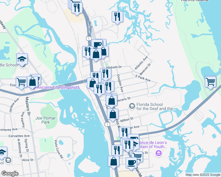 map of restaurants, bars, coffee shops, grocery stores, and more near 240 San Marco Avenue in St. Augustine