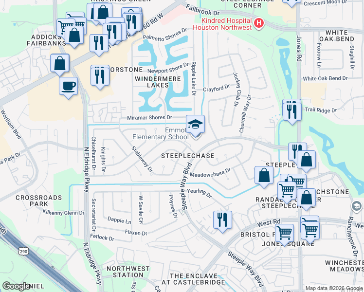 map of restaurants, bars, coffee shops, grocery stores, and more near 11907 Paddock Way in Houston