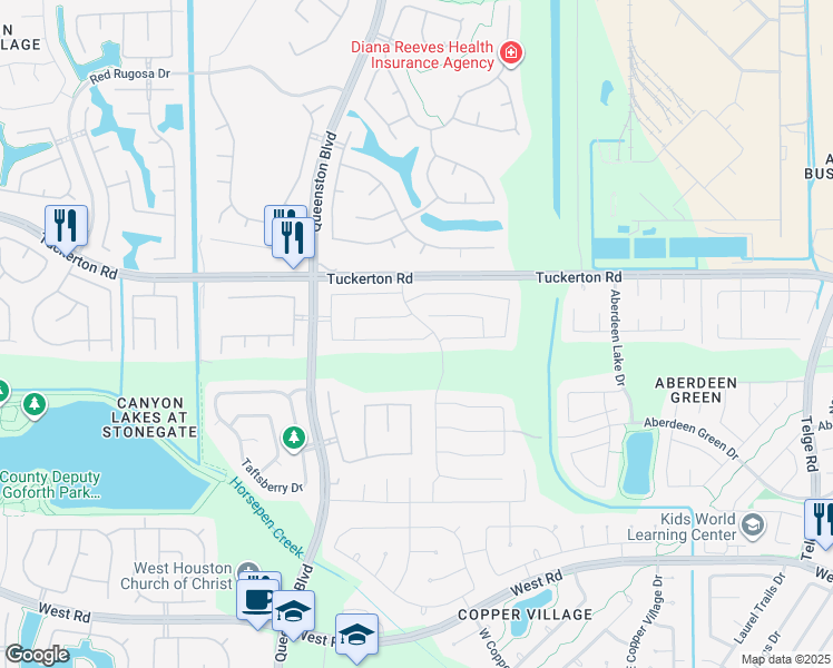 map of restaurants, bars, coffee shops, grocery stores, and more near 16710 Mammoth Springs Drive in Houston