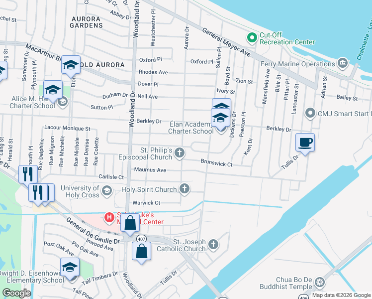 map of restaurants, bars, coffee shops, grocery stores, and more near 6210 Fairfax Place in New Orleans