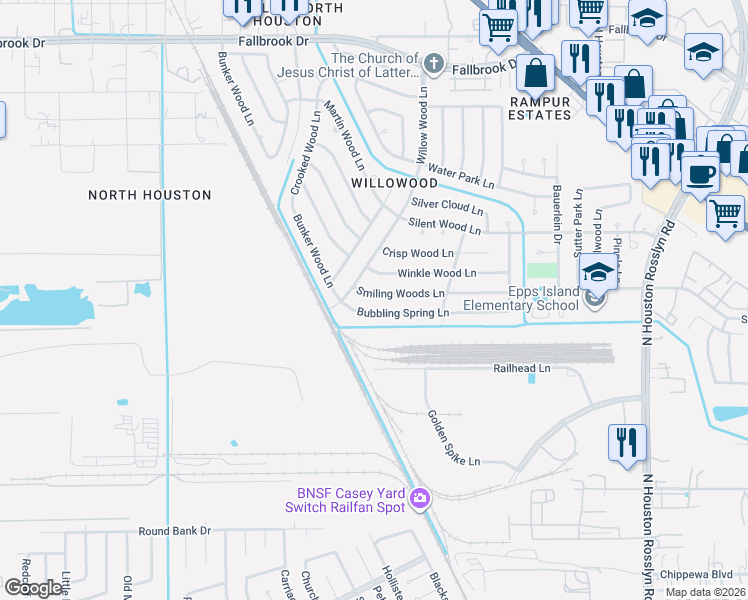 map of restaurants, bars, coffee shops, grocery stores, and more near 9318 Willow Wood Lane in Houston