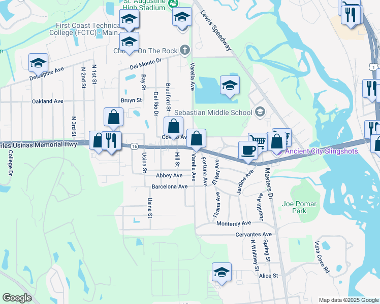 map of restaurants, bars, coffee shops, grocery stores, and more near 301 Florida 16 in St. Augustine
